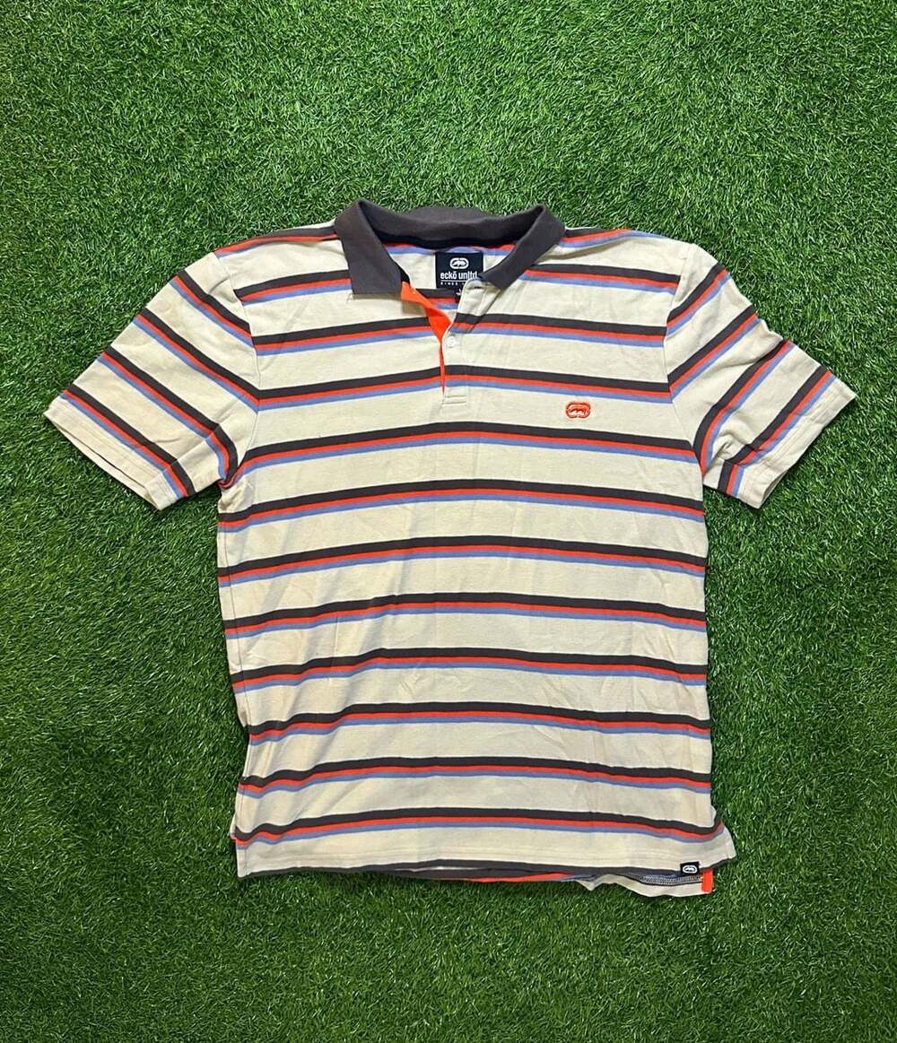 2000s Ecko Unltd Vintage Striped Polo Shirt Brown Orange Blue Men's Large